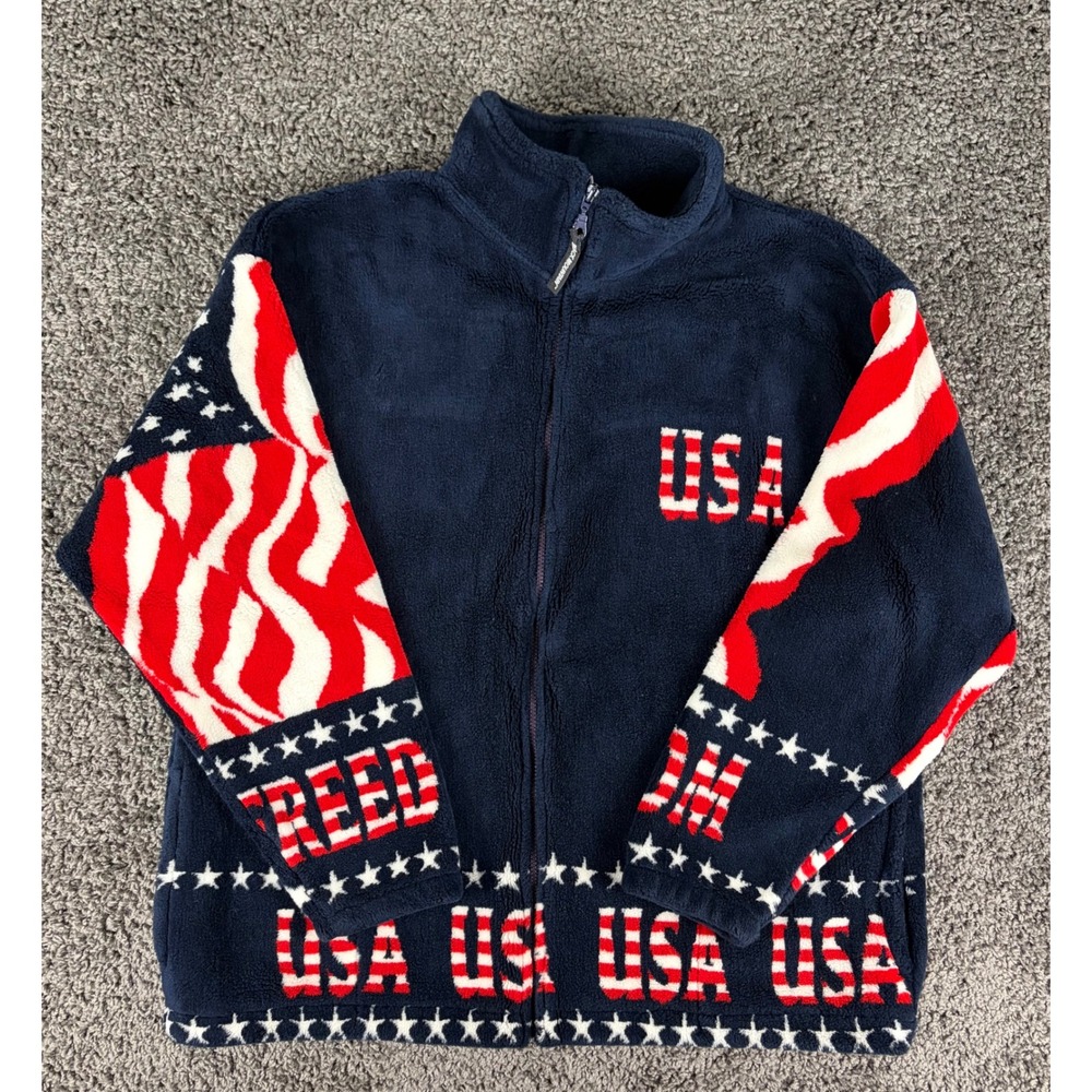 Black Mountain Outdoor Mens XL Fleece Jacket USA Flag Freedom Full Zip Navy Blue